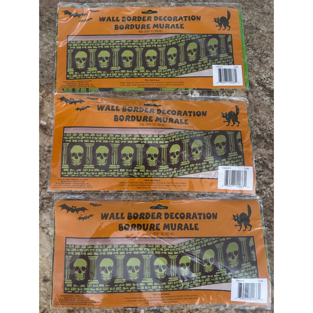 Lot of 3 Greenbrier Halloween Skull Wall Border Decoration 25ft Each 154033